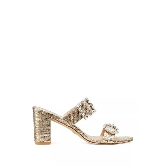 Stuart Weitzman Pearl Gold Geo Buckle Heel Slide Sandal size 5 NEW - Picture 1 of 9